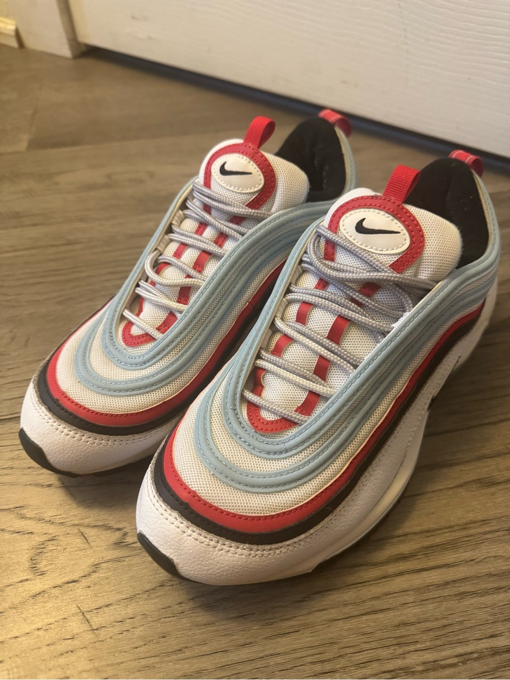 Nike Men's White, Light Blue & Red Air Max 97 Sneakers